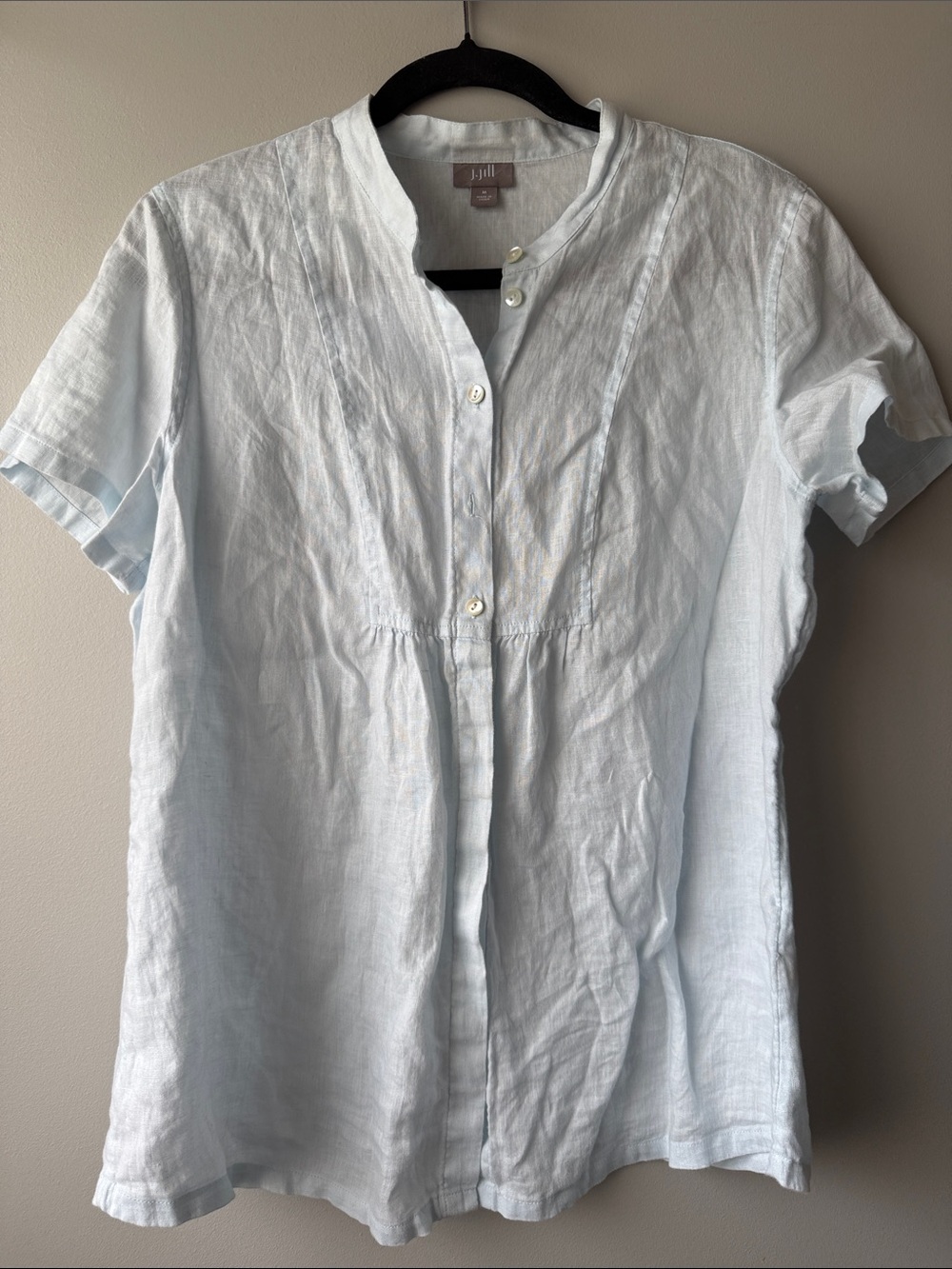 J. Jill Pale Blue Linen Short-Sleeve Button Front Shirt shell buttons M coastal